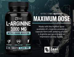 Zeal Naturals L-Arginine tablets dispensing showing dosage details for daily use.