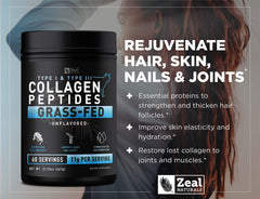Zeal Naturals bottle label notes grass-fed source, biotin, and hyaluronic acid.