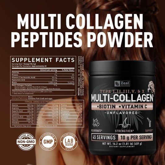 Zeal Naturals collagen powder scoop beside bottle for easy daily use.
