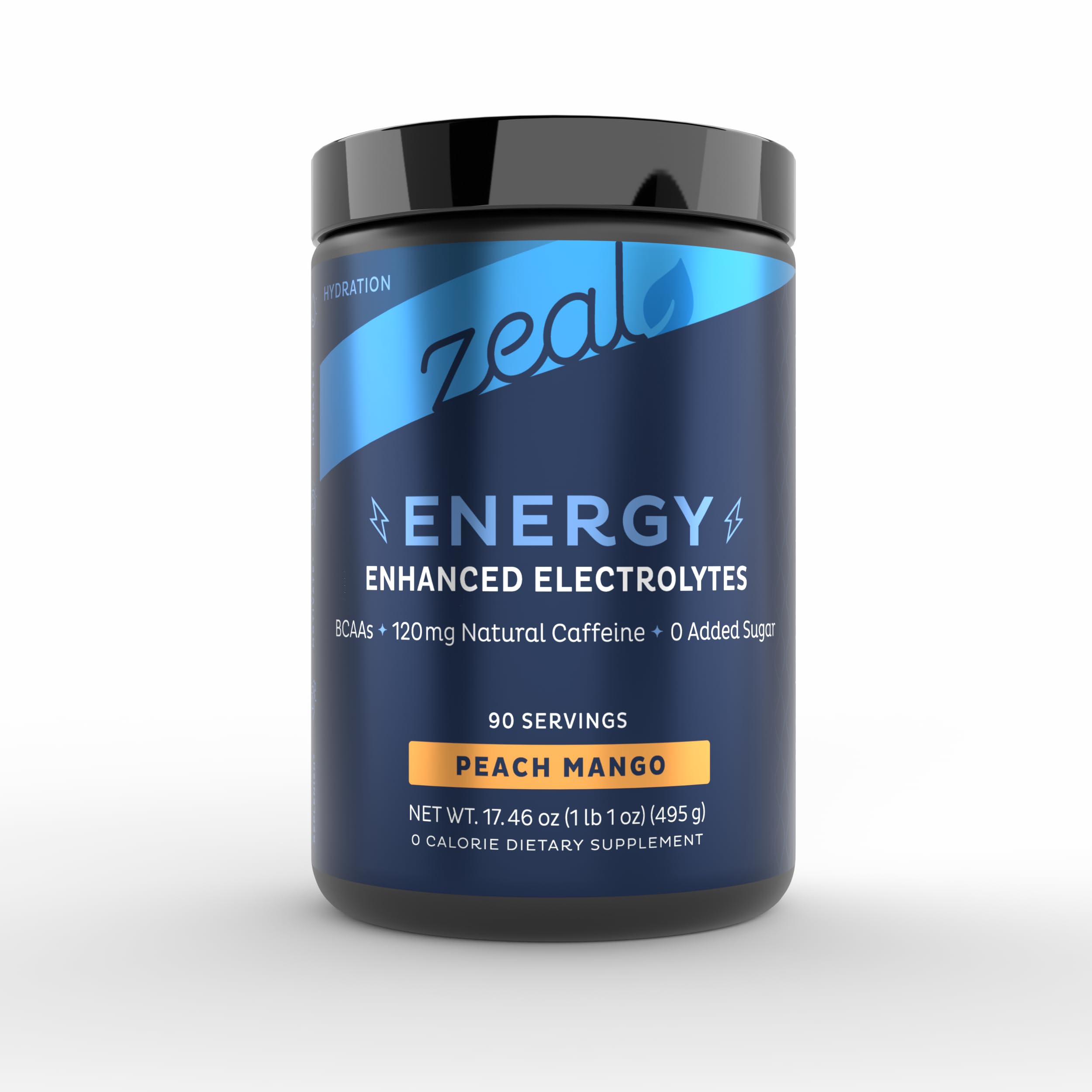 Zeal Naturals peach-mango tub showcases electrolytes for hydration support.