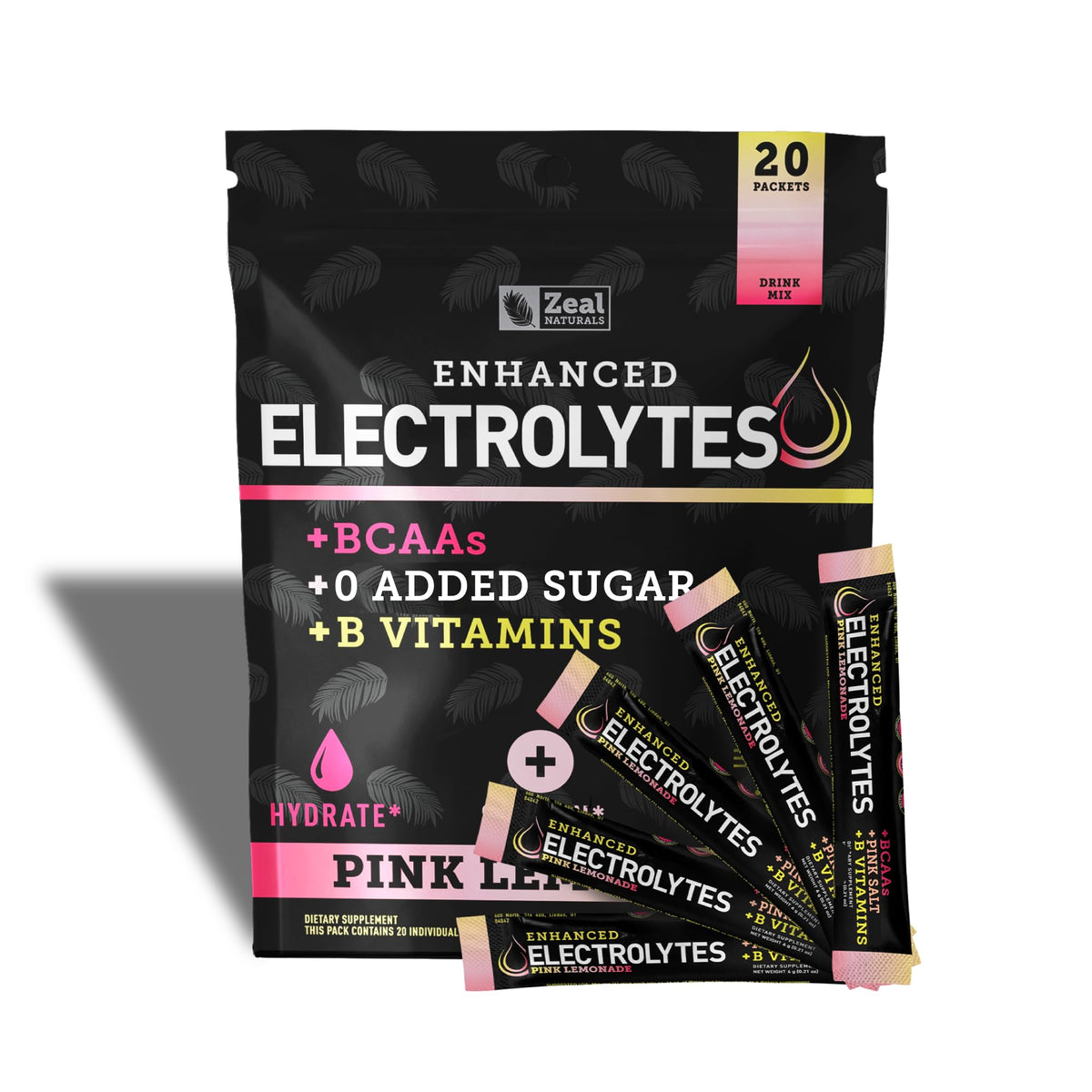 Zeal Naturals Pink Lemonade electrolyte stick pack front, vibrant hydration boost for workouts