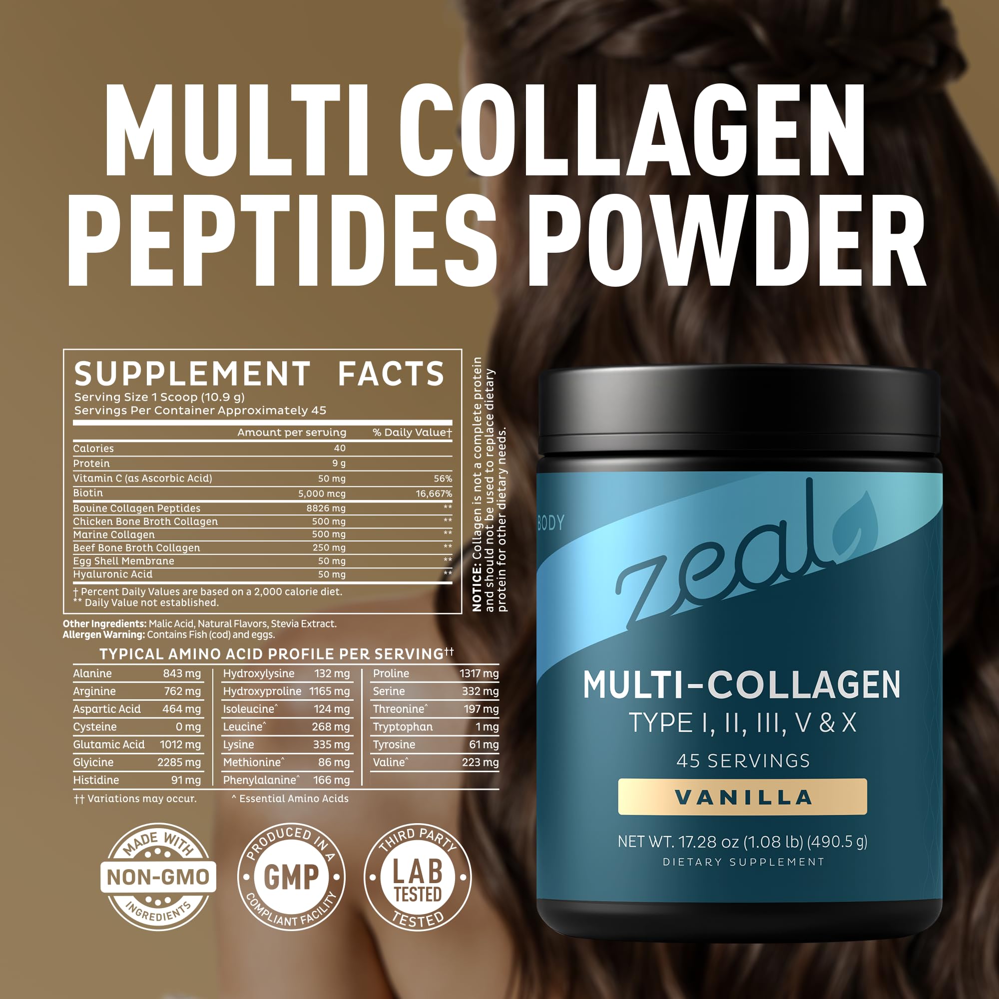 Zeal Naturals premium multi collagen vanilla label close-up with ingredients.