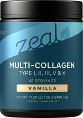 Zeal Naturals premium multi collagen vanilla powder tub supports skin and joints.