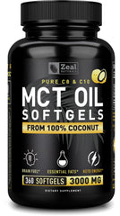 Zeal Naturals MCT softgels bottle shows coconut-derived energy support.