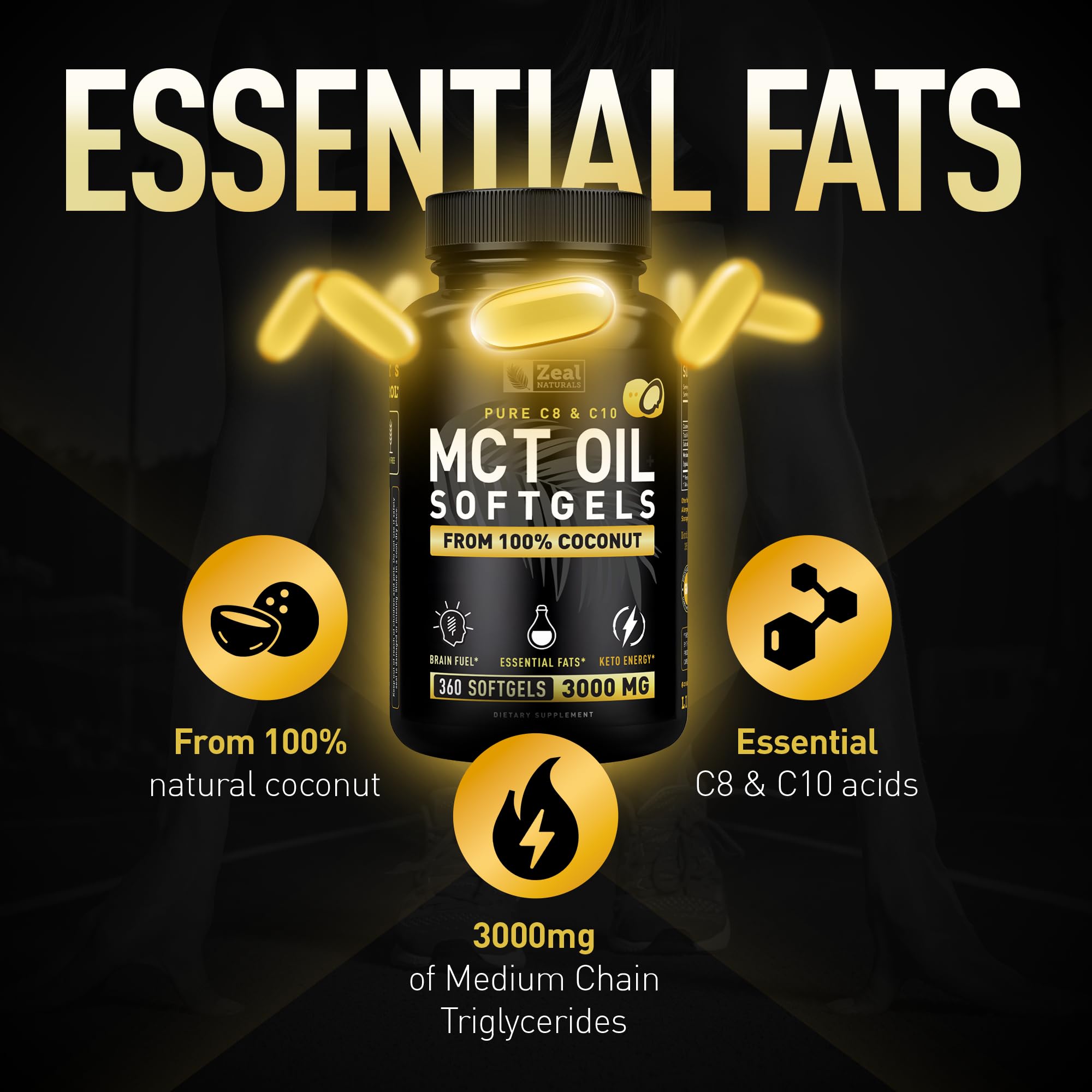 Coconut-sourced MCT blend with 60% C8 and 40% C10 for versatile fuel.