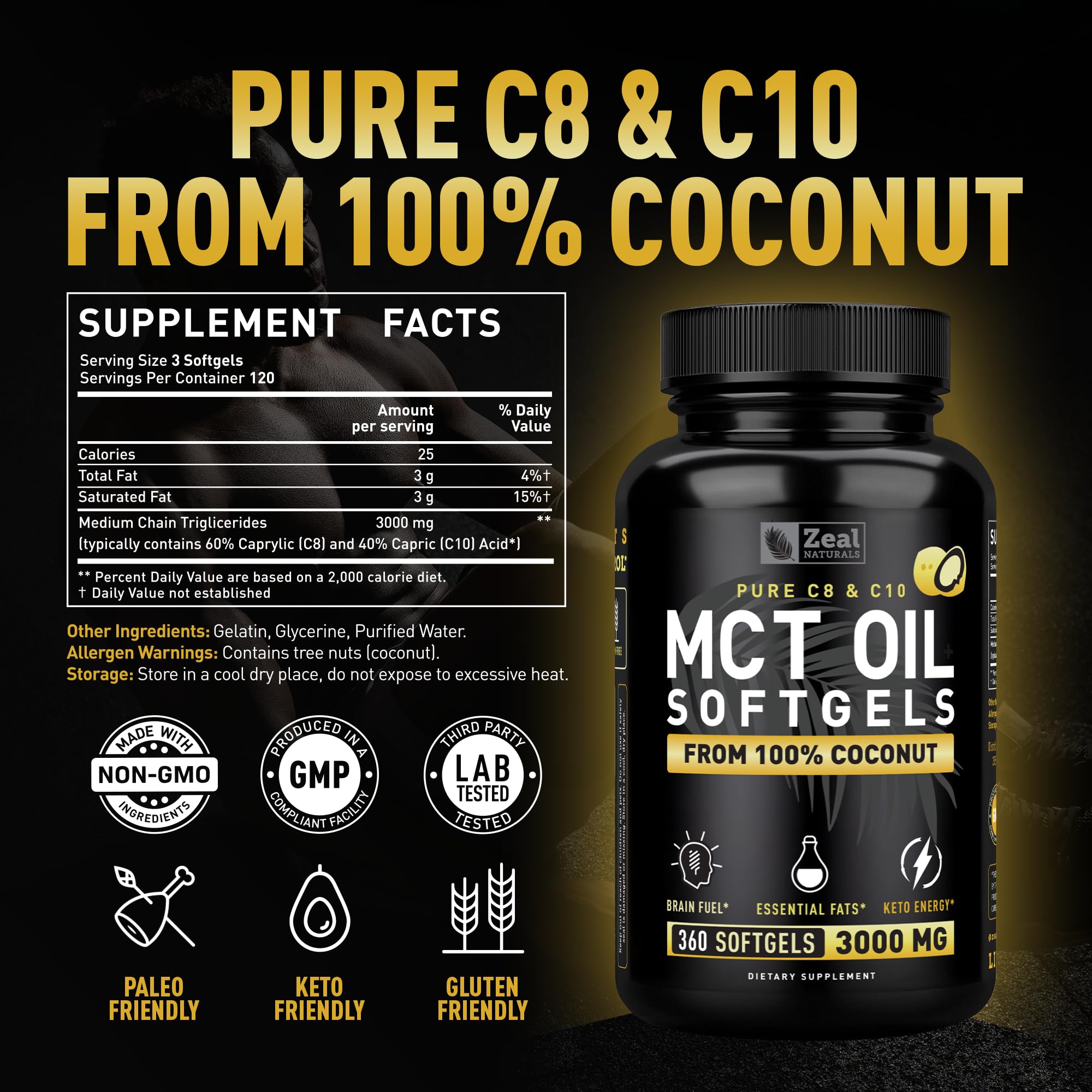 Close-up of MCT softgels promoting clean energy and mental focus.