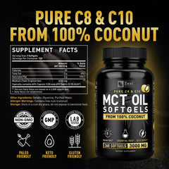 Close-up of MCT softgels promoting clean energy and mental focus.