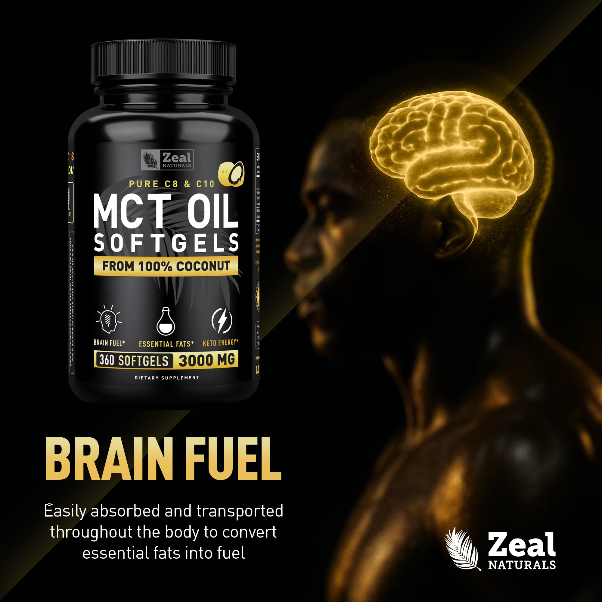 Vegan, gluten-free, non-GMO MCT capsules suitable for keto and paleo.