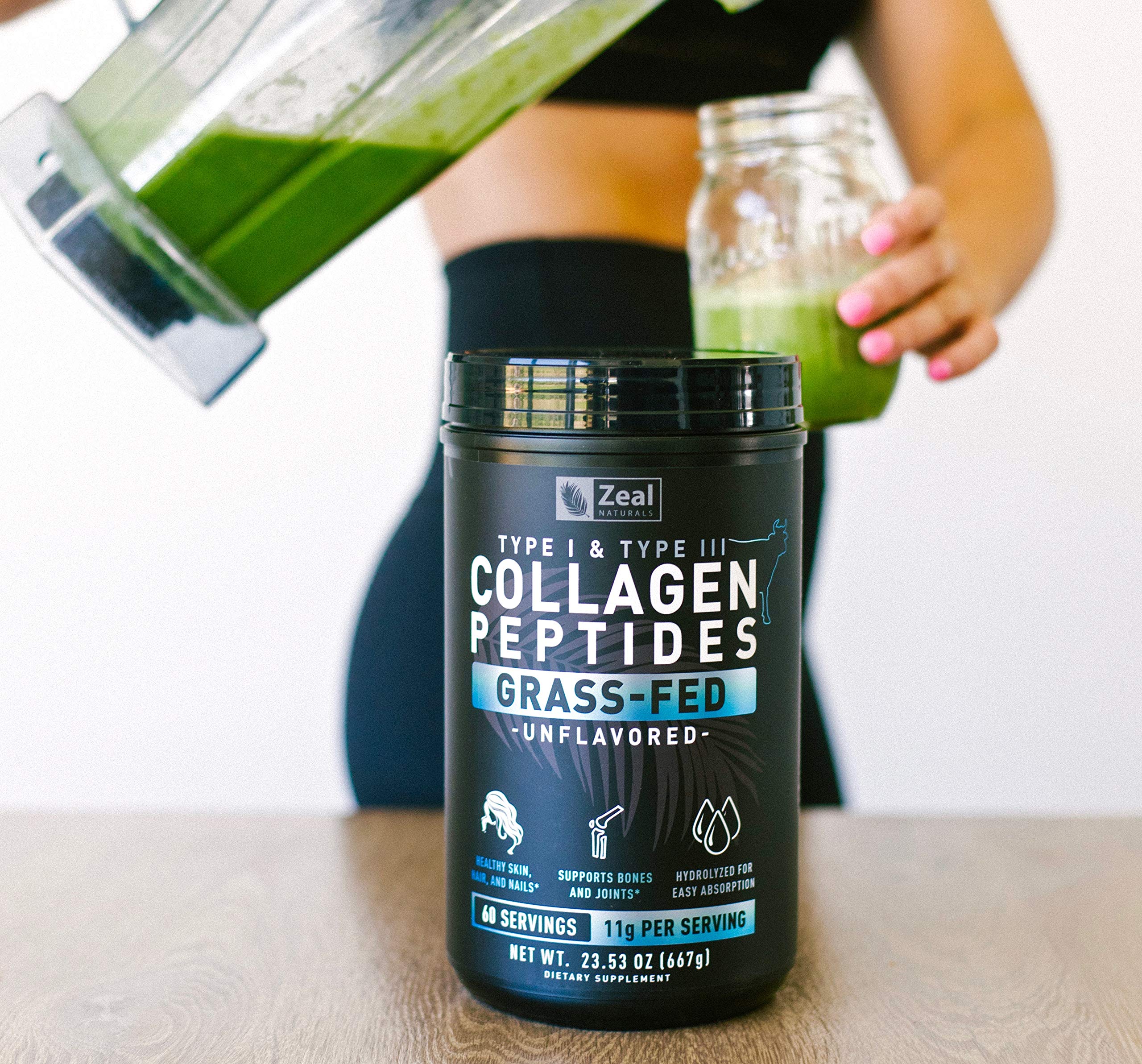 Zeal Naturals unflavored collagen powder being poured into a glass.