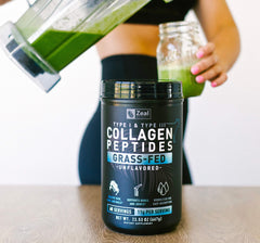 Zeal Naturals unflavored collagen powder being poured into a glass.