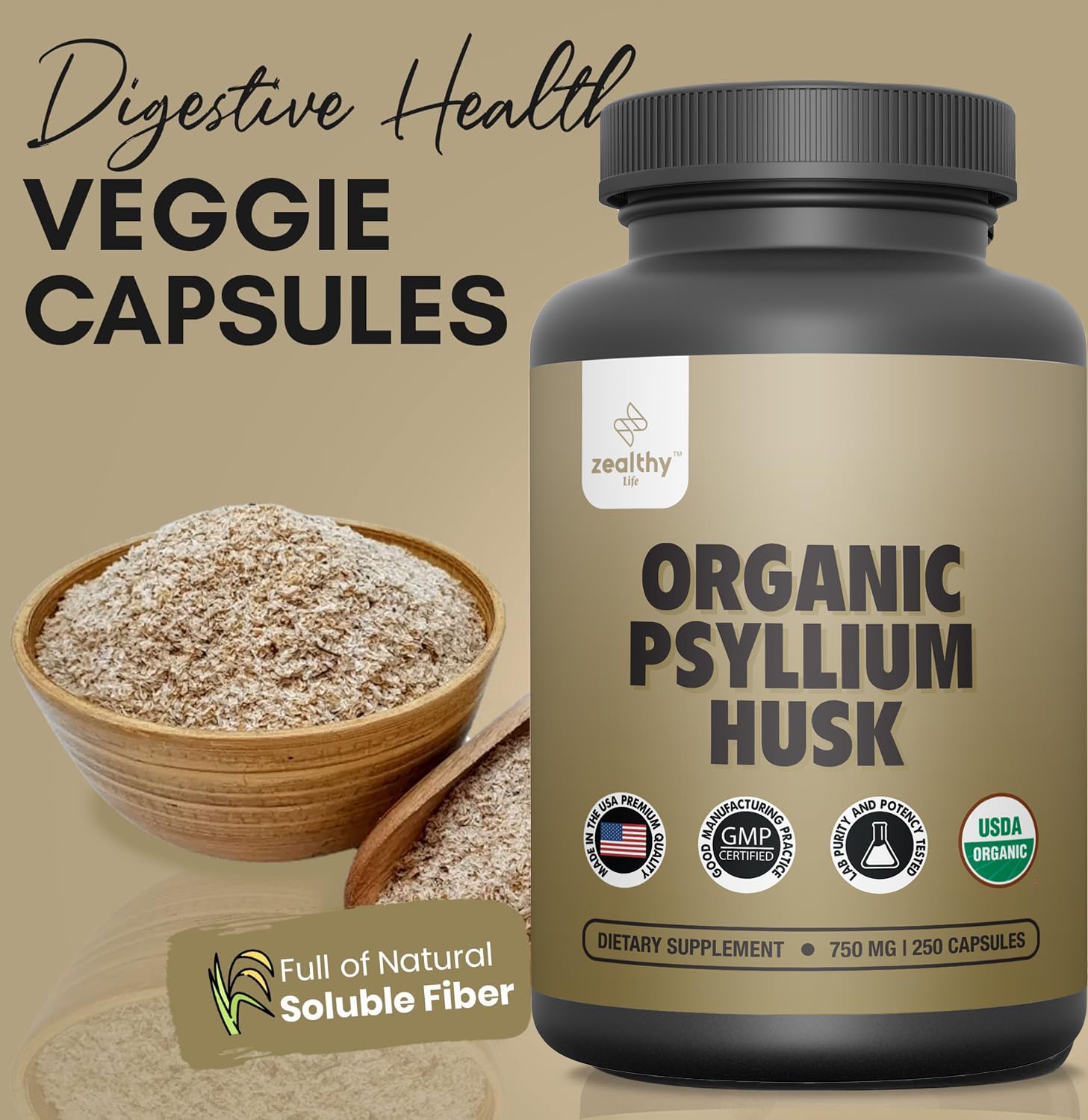 Zealthy Life vegan, non-GMO psyllium capsules suitable for plant-based diets