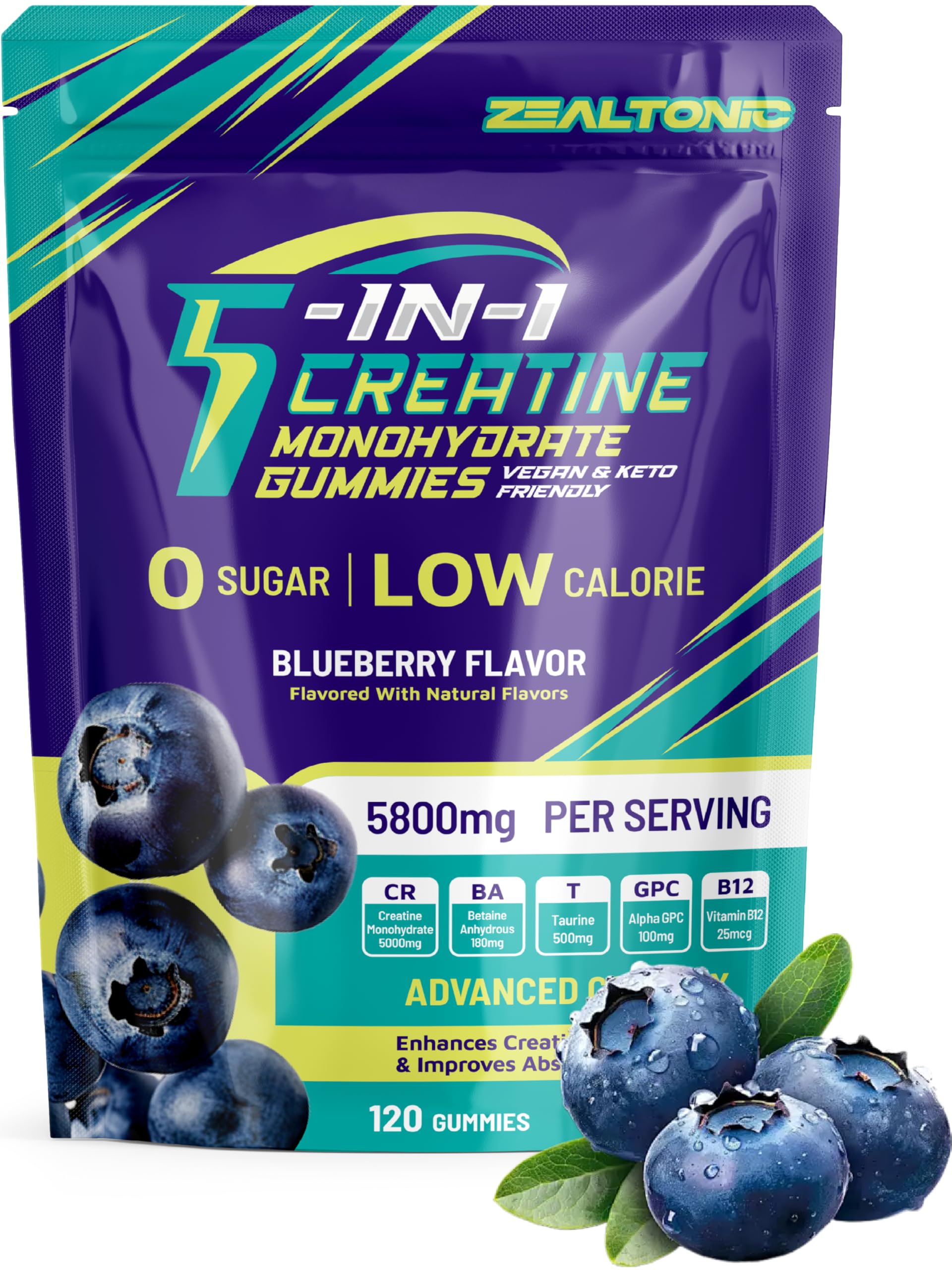 Zealtonic Creatine Gummies in blueberry bottle showing quick pre-workout energy