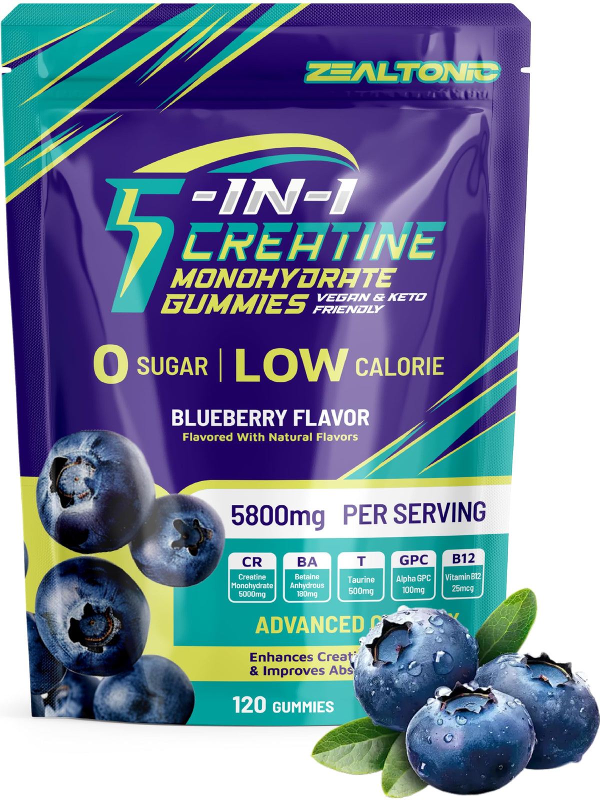 Zealtonic Creatine Gummies in blueberry bottle showing quick pre-workout energy