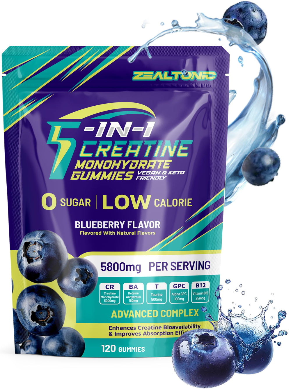 Nutrition label close-up of Zealtonic Creatine Gummies with creatine per serving