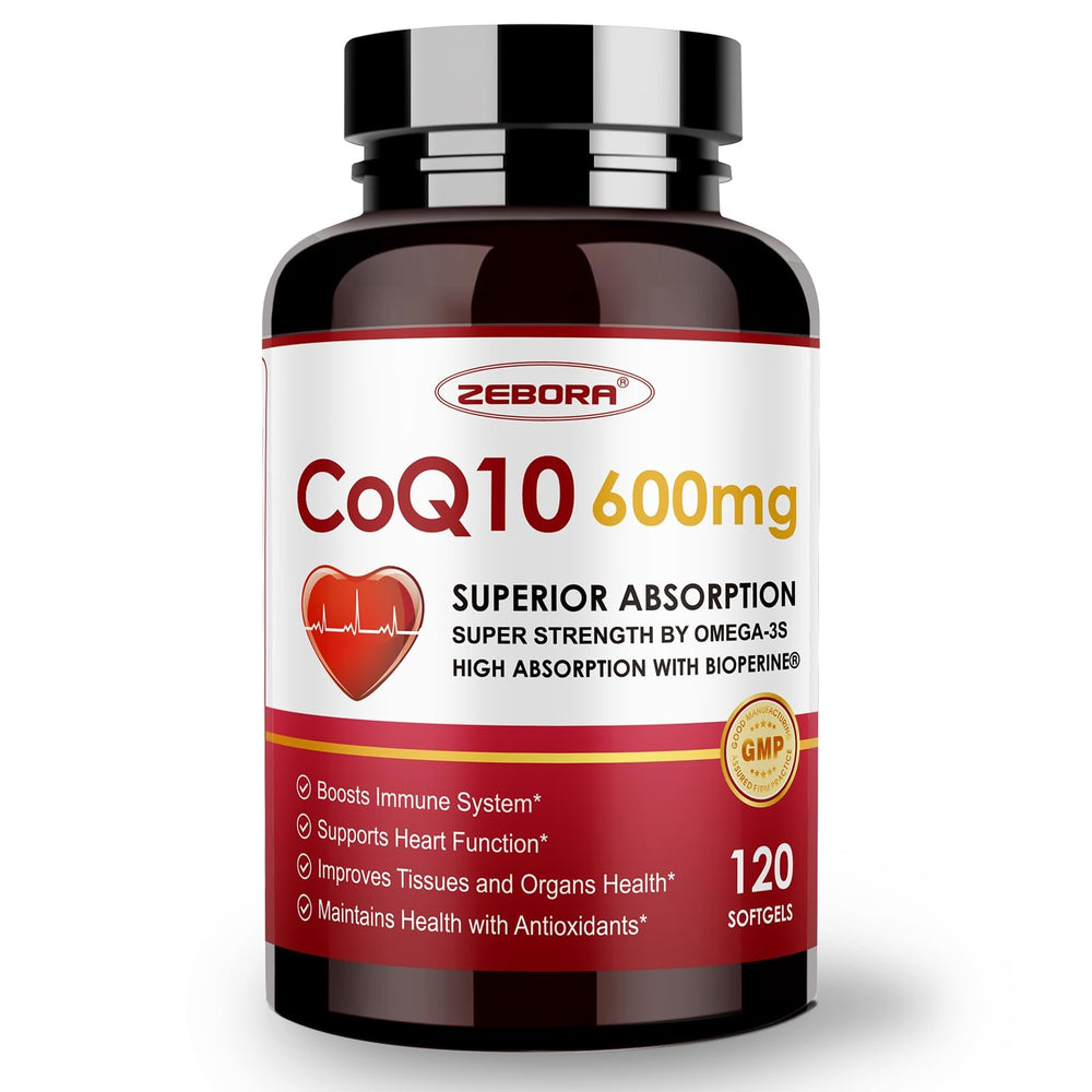 ZEBORA CoQ10 600mg softgels front bottle promoting a strong energy support option.