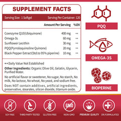Omega-3 rich CoQ10 softgels suggesting heart-friendly fats and daily use