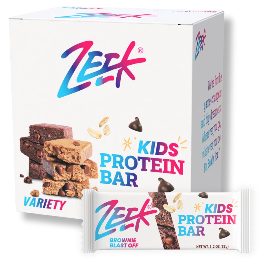 Zeek Bar Kids protein bar packaging shows a colorful wrapper for on-the-go energy.
