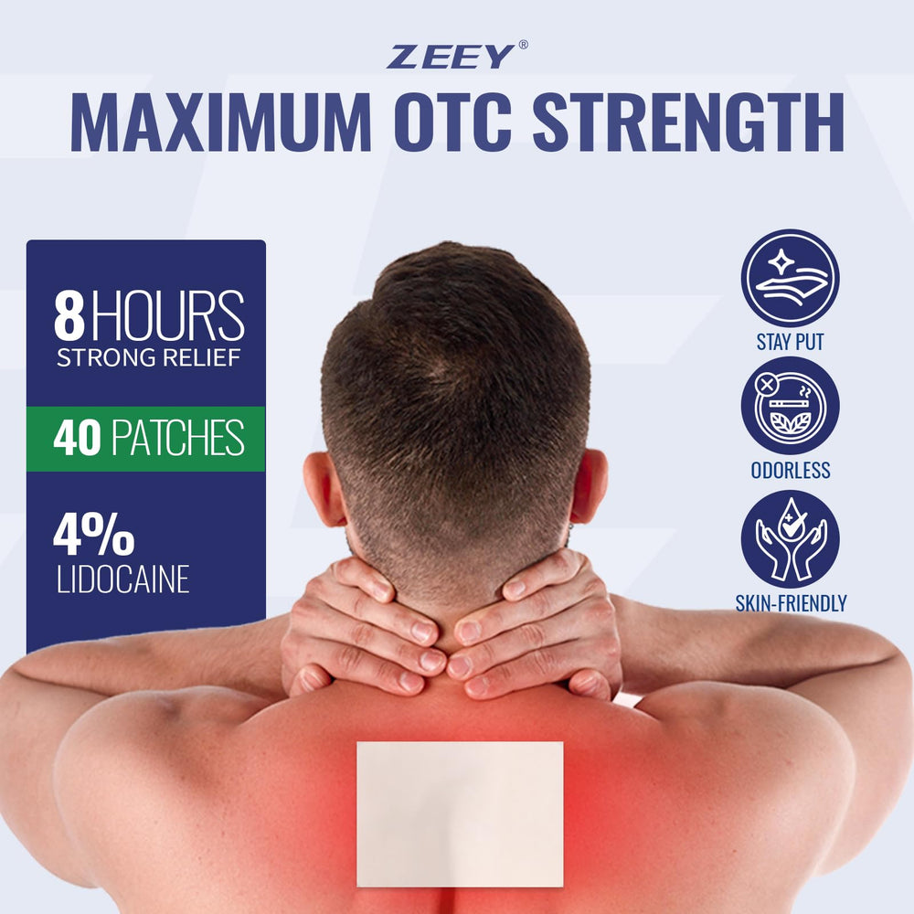 ZEEY lidocaine patch on neck and shoulder easing discomfort.