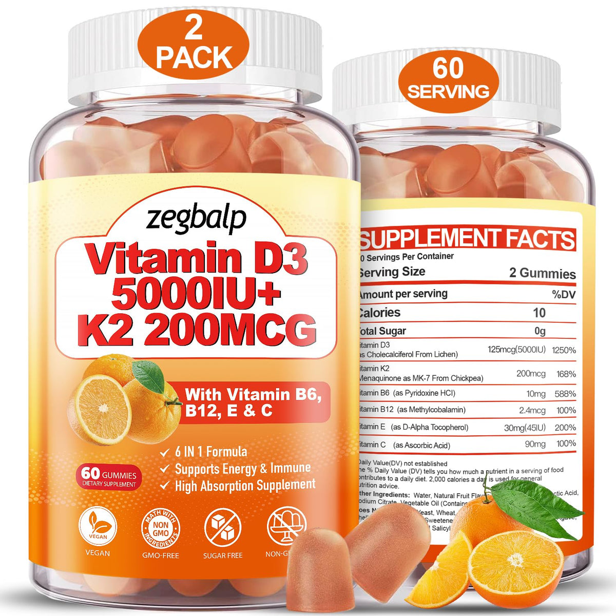 ZEGBALP D3K2 gummies bottle closeup showing vegan sugar-free formula.