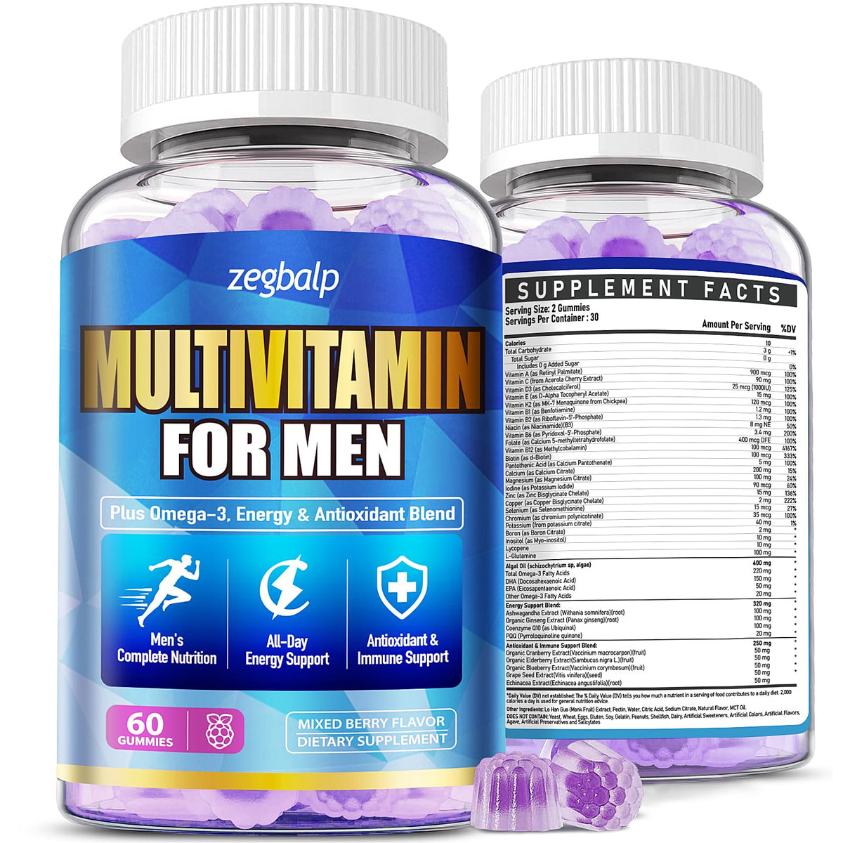 ZEGBALP men's multivitamins gummies bottle with vegan omega-3 and CoQ10 for daily energy.
