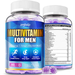 ZEGBALP men's multivitamins gummies bottle with vegan omega-3 and CoQ10 for daily energy.