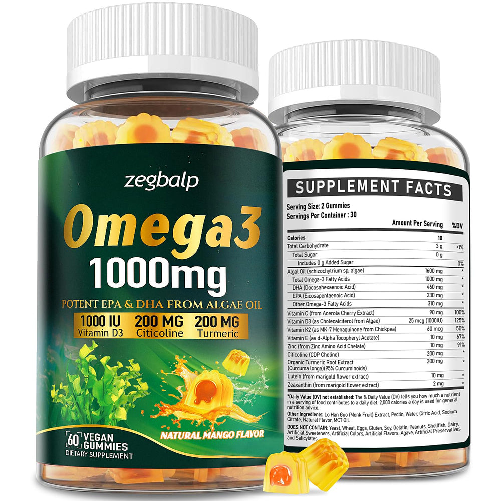 ZEGBALP Omega-3 gummies bottle front, vegan algae-based DHA and EPA for daily wellness