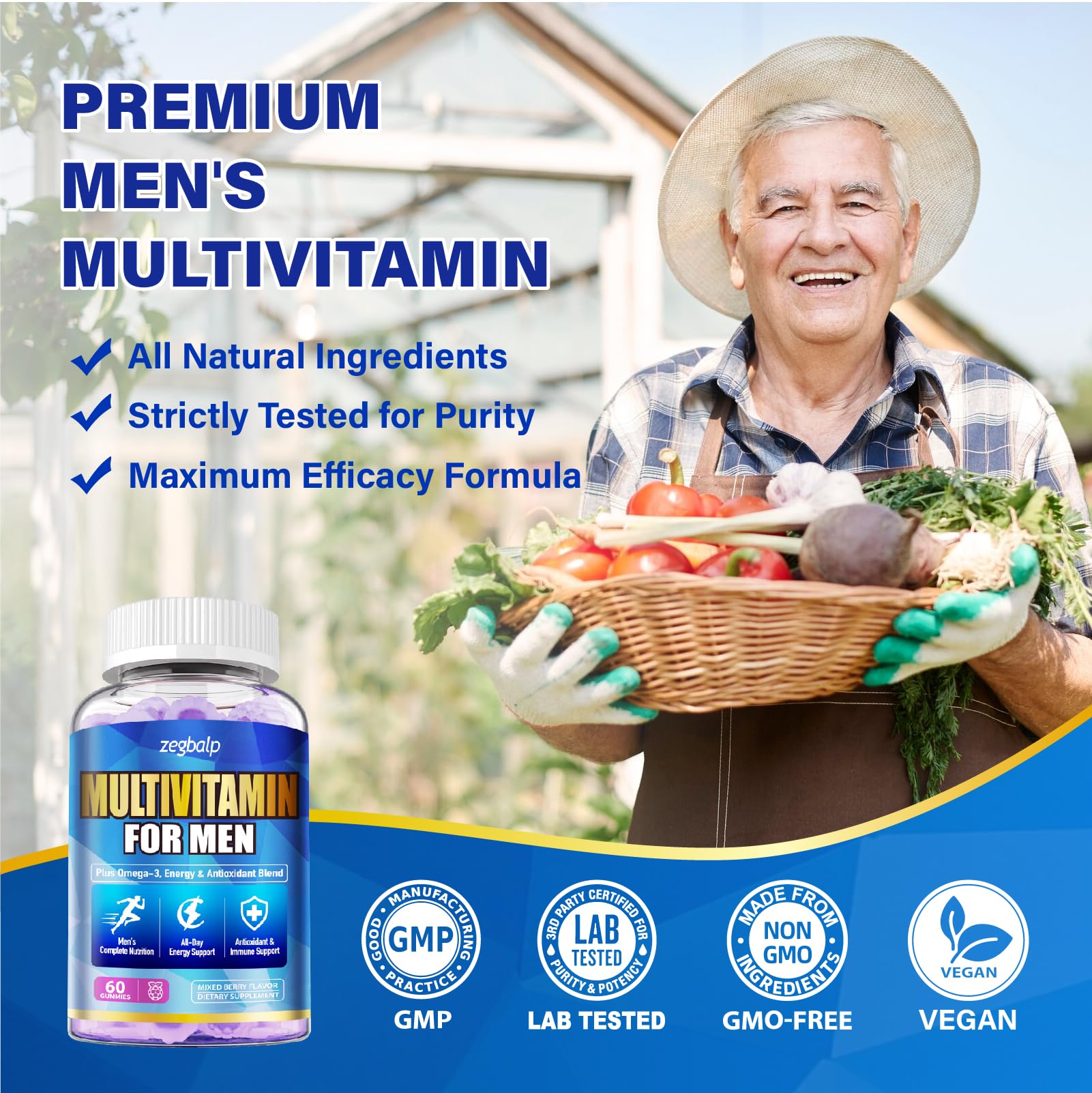 ZEGBALP packaging emphasizes vegan, non-GMO, and gelatin-free credentials.