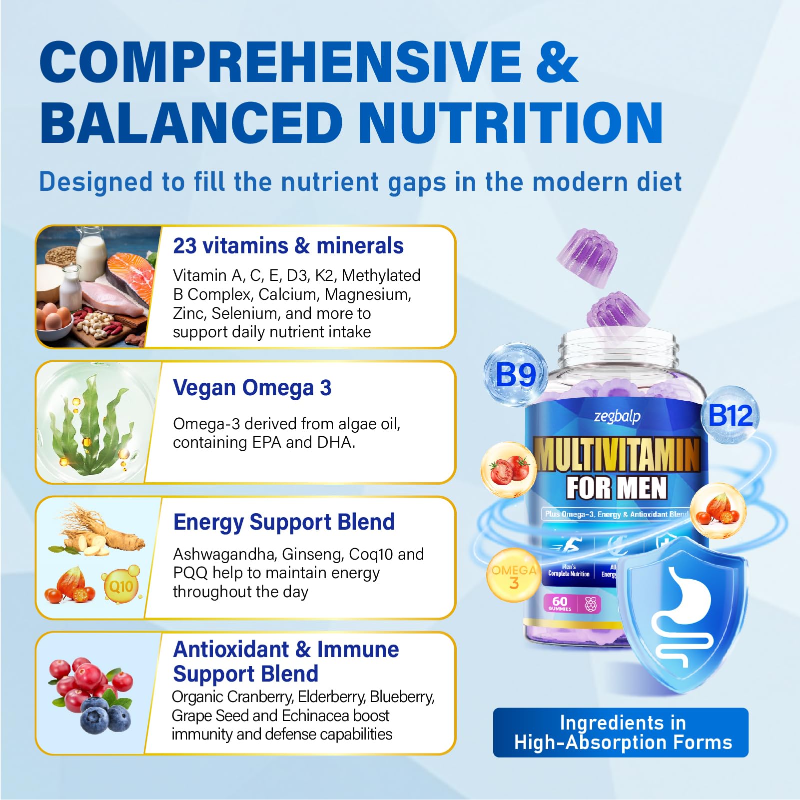 ZEGBALP vegan omega-3 DHA gummies highlight plant-based fats for focus support.