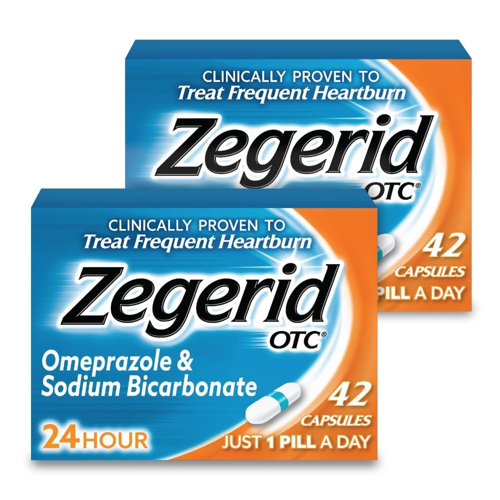 Zegerid OTC omeprazole bottle showing the dual-ingredient formulation for heartburn relief