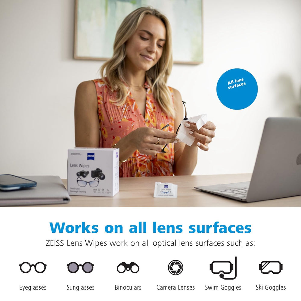 Individually wrapped ZEISS wipes ideal for pockets, bags, and wallets
