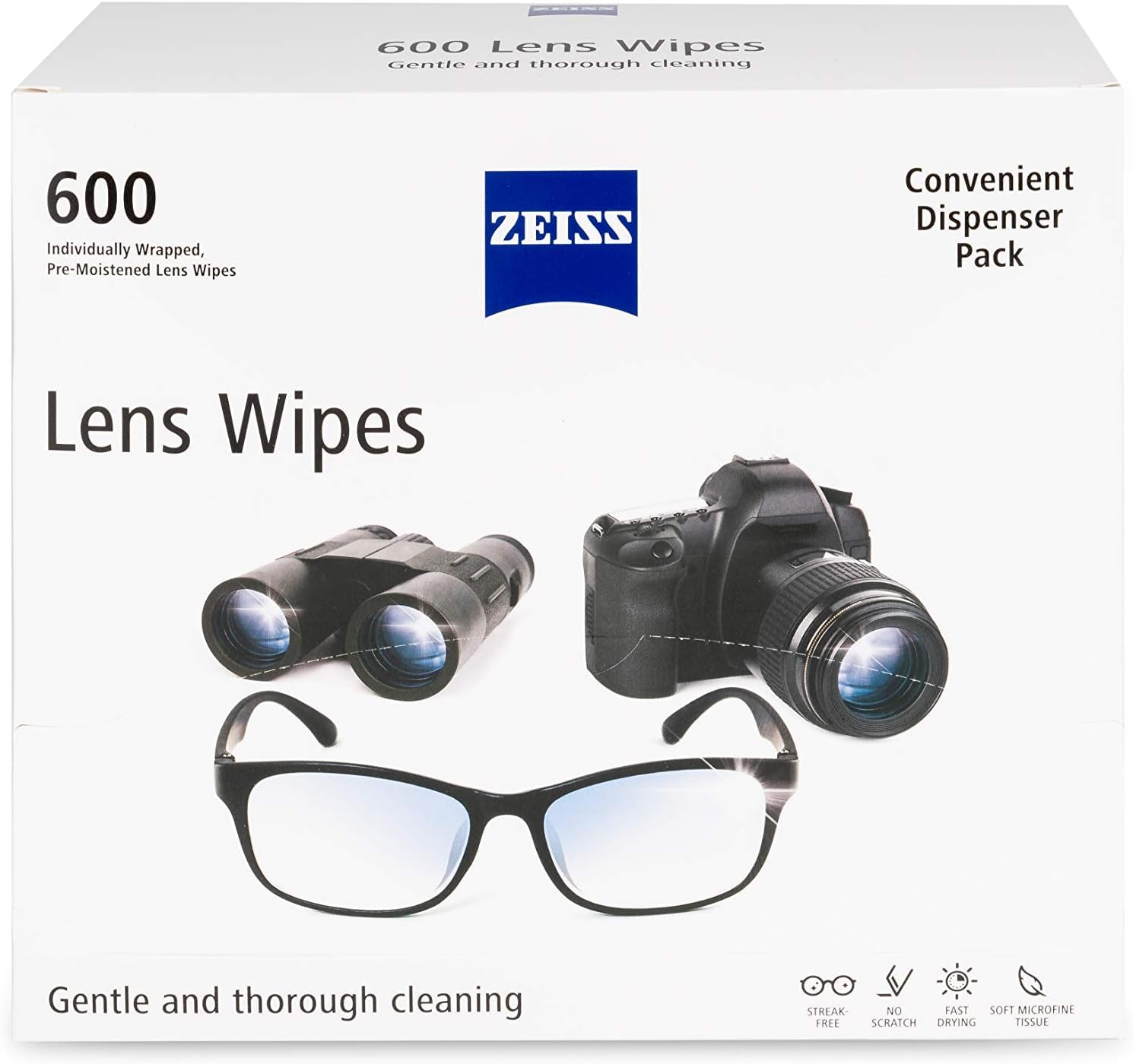 ZEISS Pre-Moistened Lens Wipes 600-count pack for gentle, streak-free cleaning of glasses
