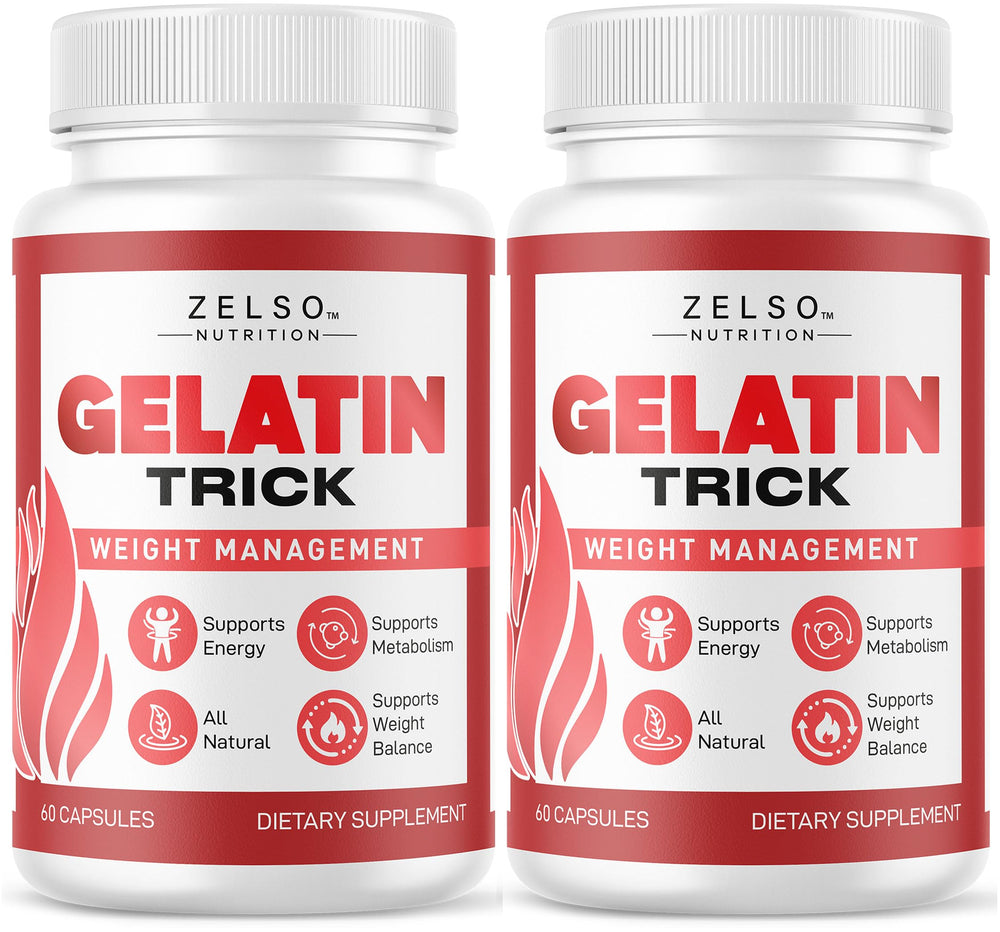 ZELSO Gelatin Trick bottle front highlighting daily energy support.