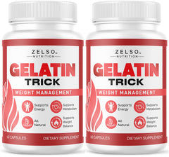 ZELSO Gelatin Trick bottle front highlighting daily energy support.