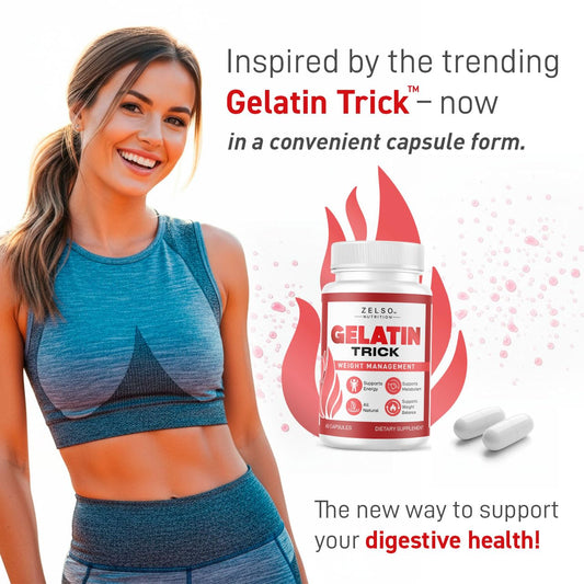 ZELSO Gelatin Trick bottle shown for convenient daily supplementation.