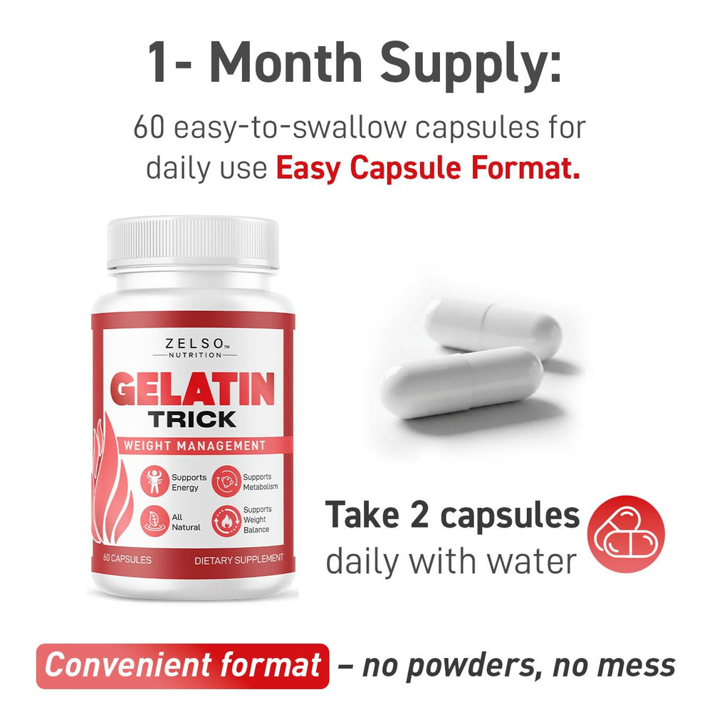 Gelatin Trick packaging box shown for two-month supply.