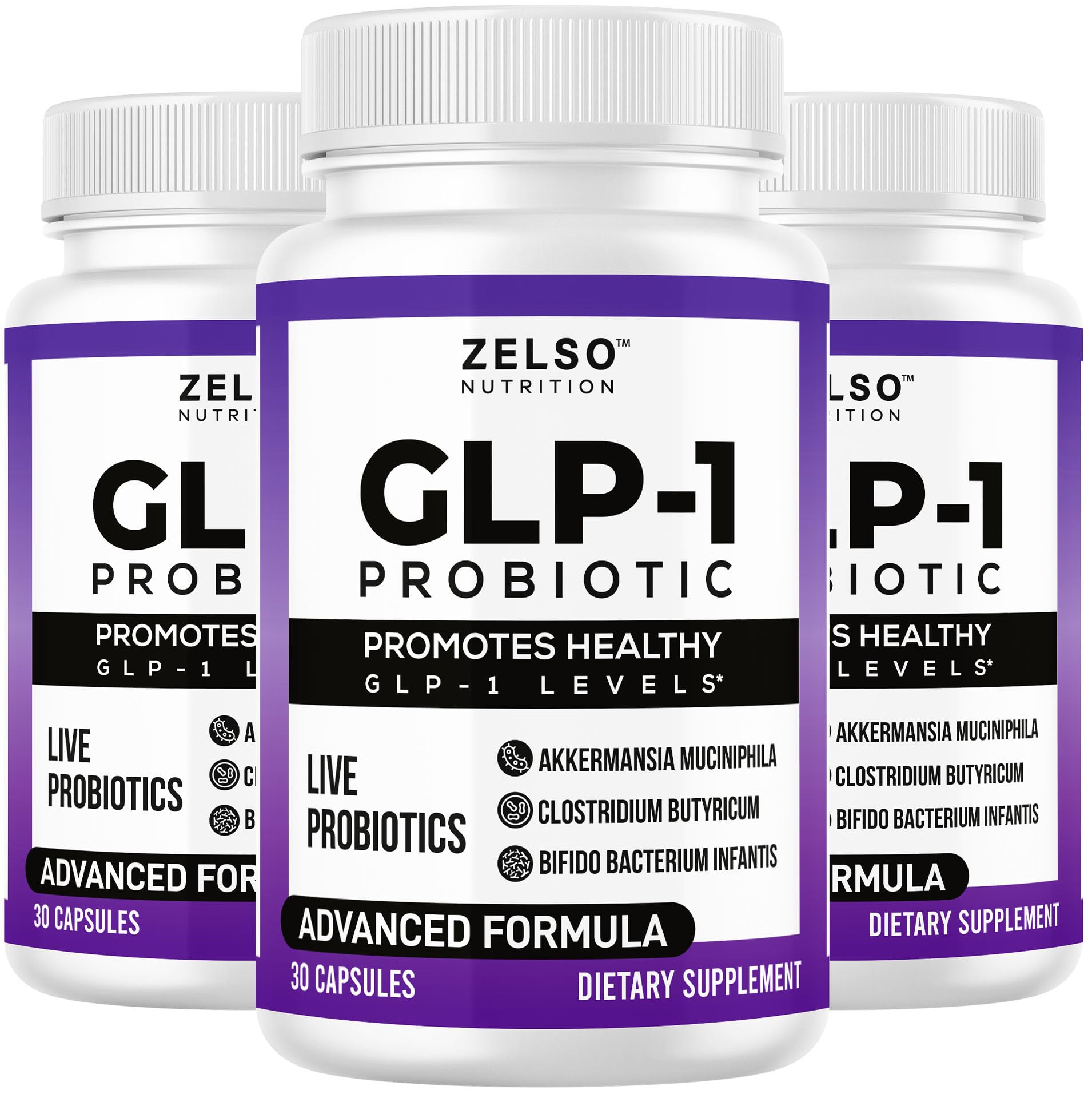 ZELSO GLP-1 probiotic bottle front featuring Akkermansia Muciniphila supports balanced gut health