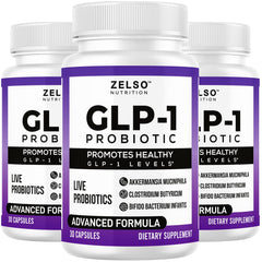 ZELSO GLP-1 probiotic bottle front featuring Akkermansia Muciniphila supports balanced gut health