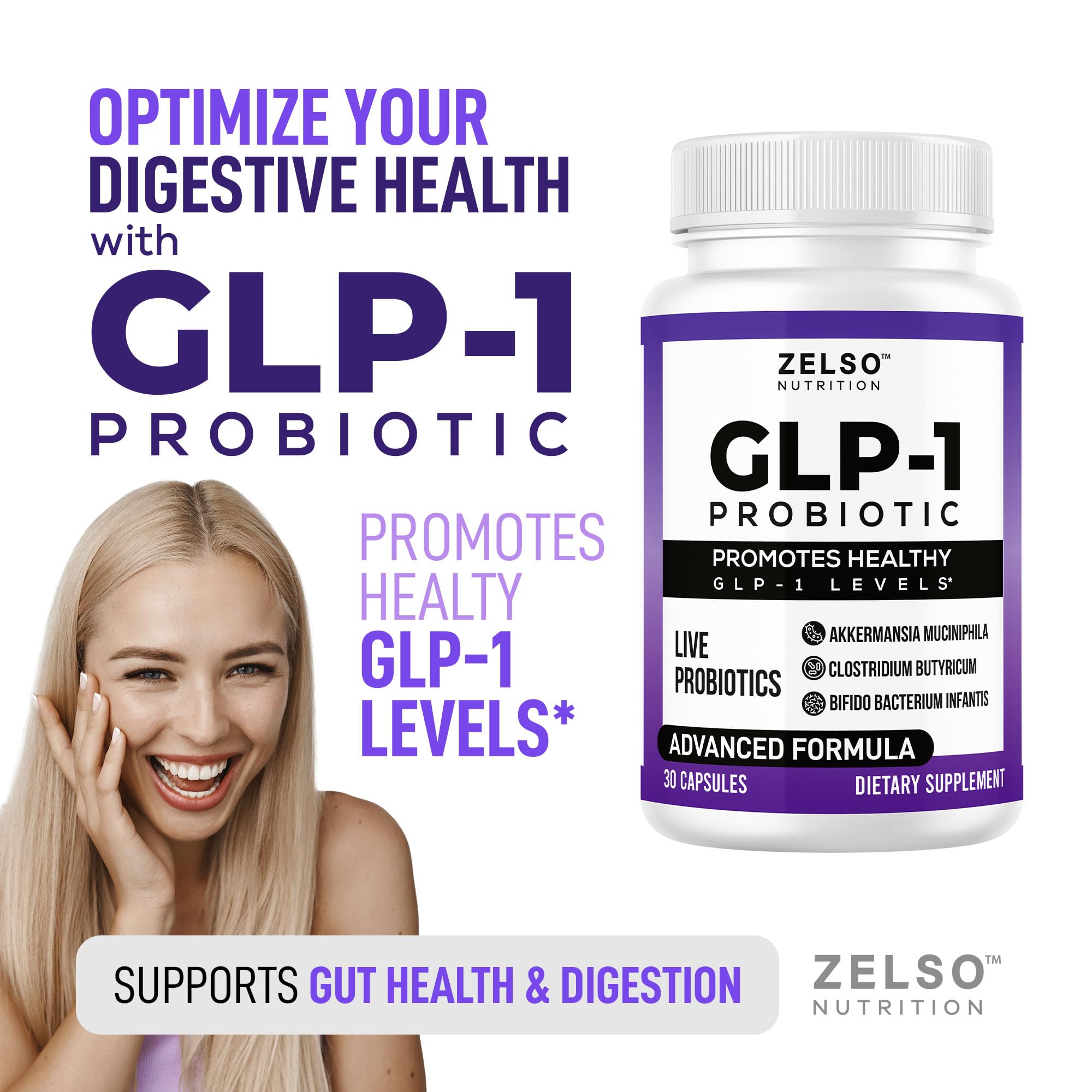 ZELSO GLP-1 probiotic capsules closeup highlights 500M CFU multi-strain formula for daily support