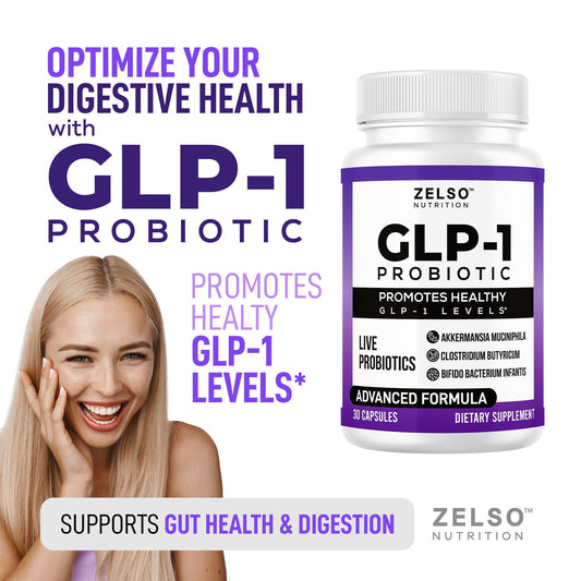 ZELSO GLP-1 probiotic capsules closeup highlights 500M CFU multi-strain formula for daily support