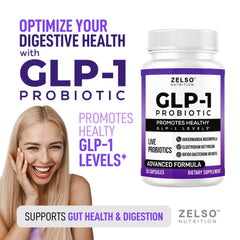 ZELSO GLP-1 probiotic capsules closeup highlights 500M CFU multi-strain formula for daily support