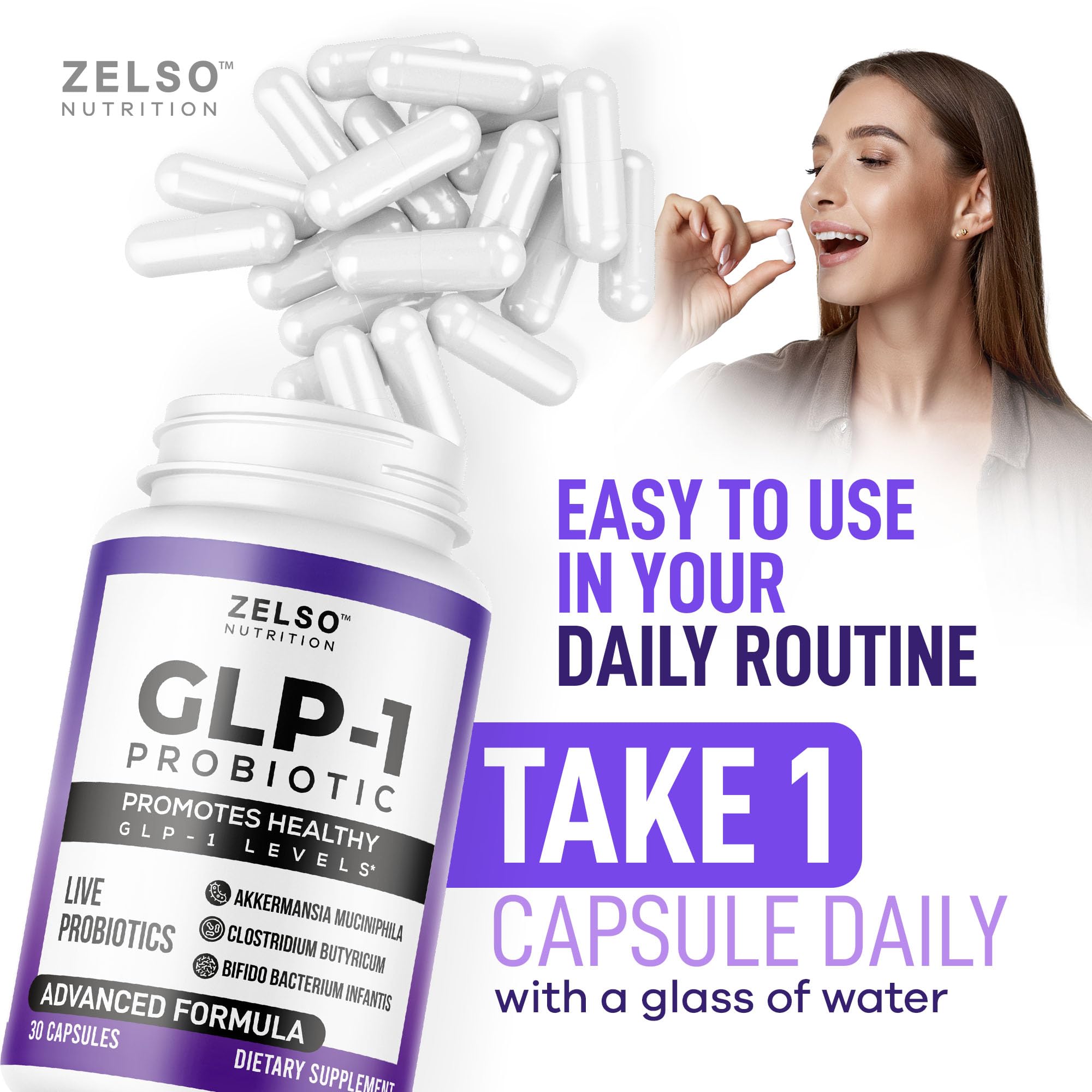 ZELSO GLP-1 probiotic label closeup highlights vegetarian capsules
