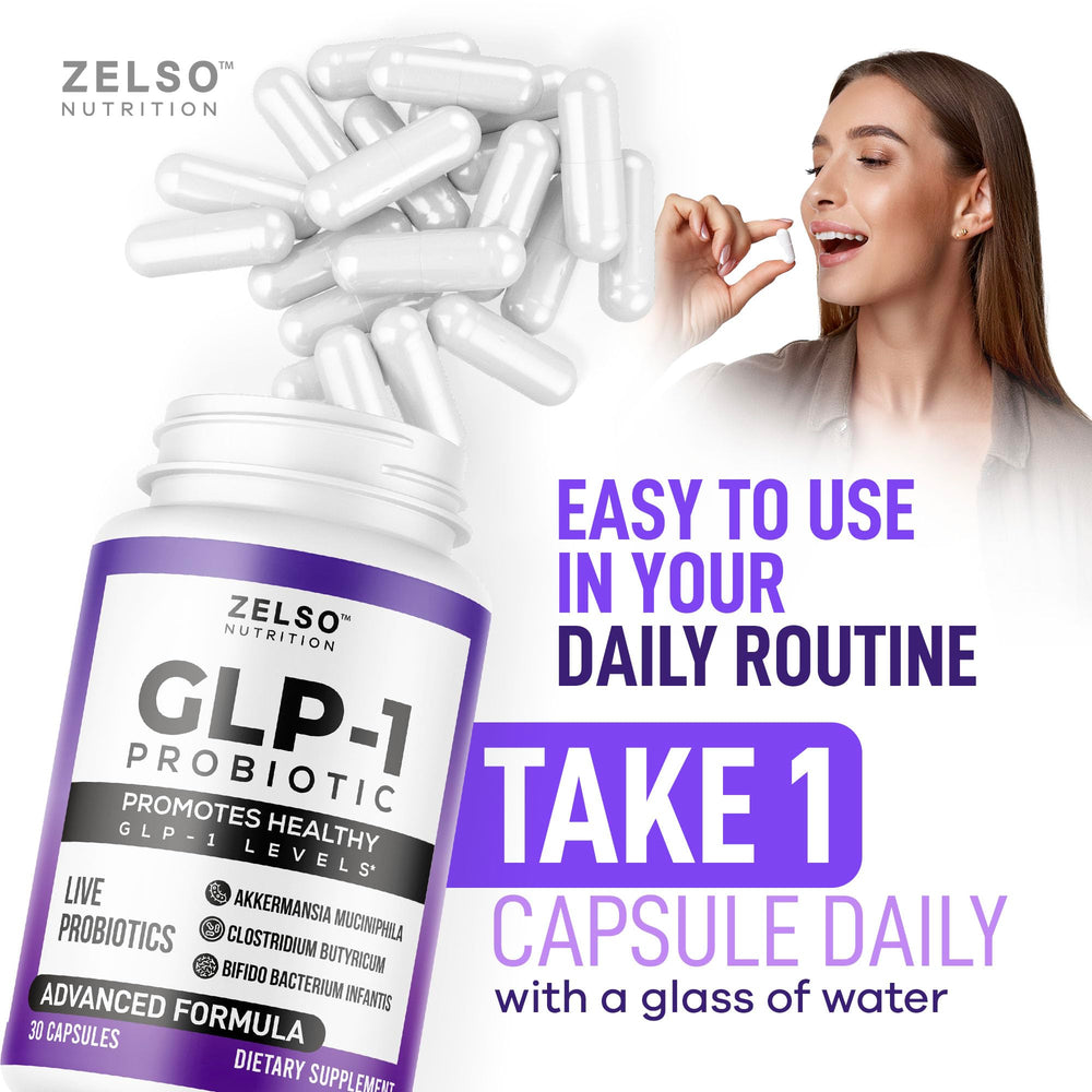 ZELSO GLP-1 probiotic label closeup highlights vegetarian capsules