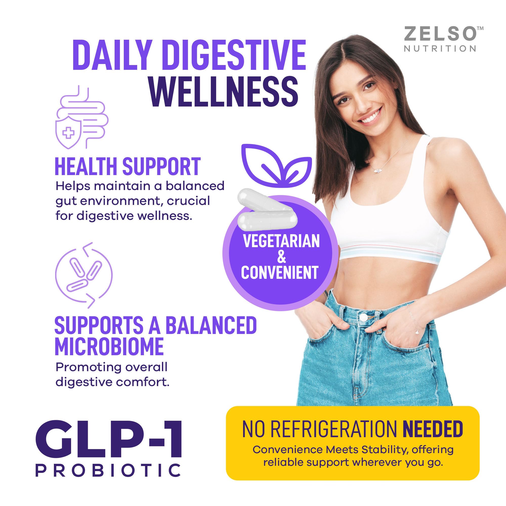 ZELSO GLP-1 probiotic packaging on shelf communicates no refrigeration needs