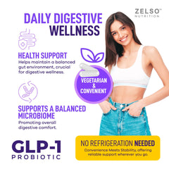 ZELSO GLP-1 probiotic packaging on shelf communicates no refrigeration needs