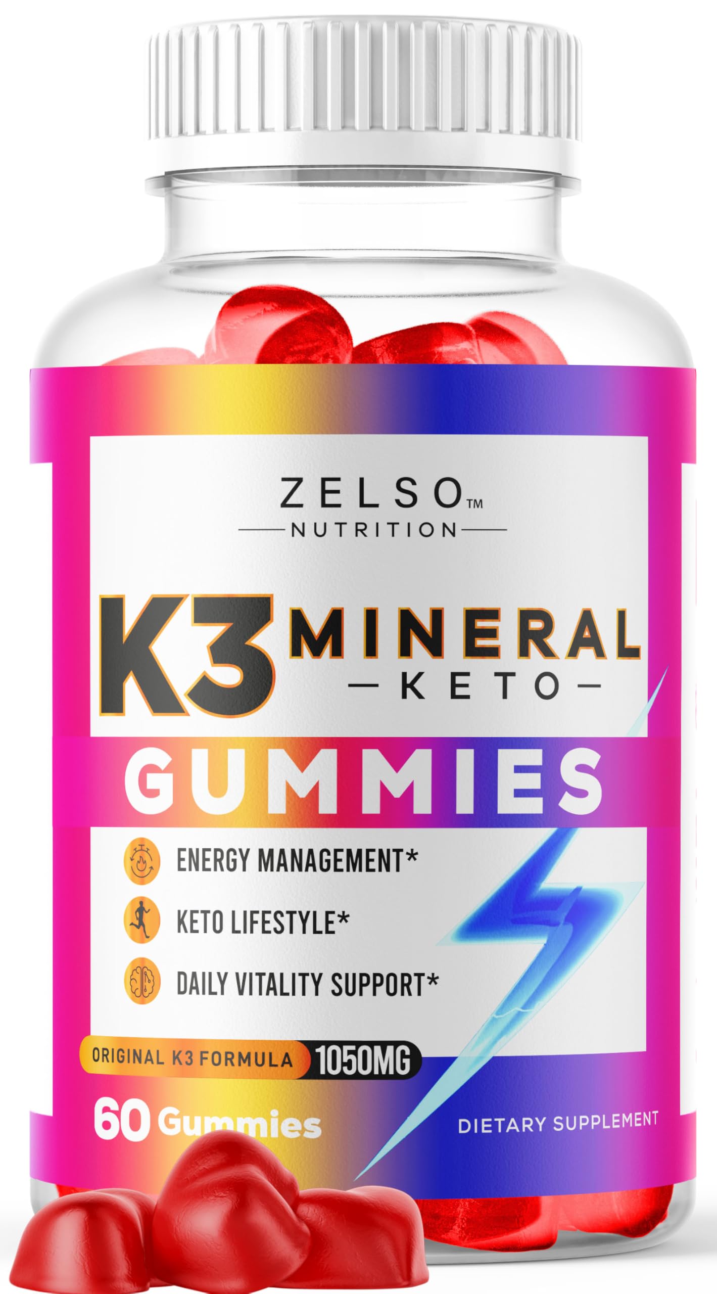 ZELSO K3 Mineral Keto Gummies bottle on countertop for daily keto support.