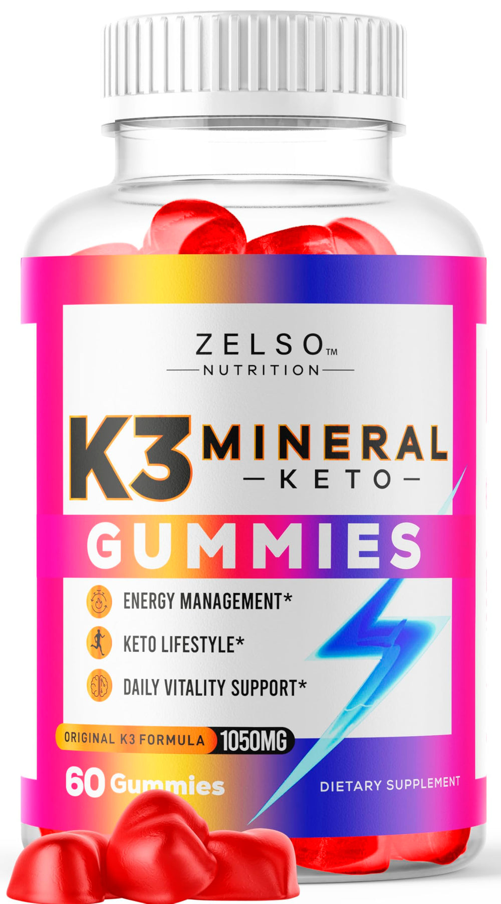 ZELSO K3 Mineral Keto Gummies bottle on countertop for daily keto support.