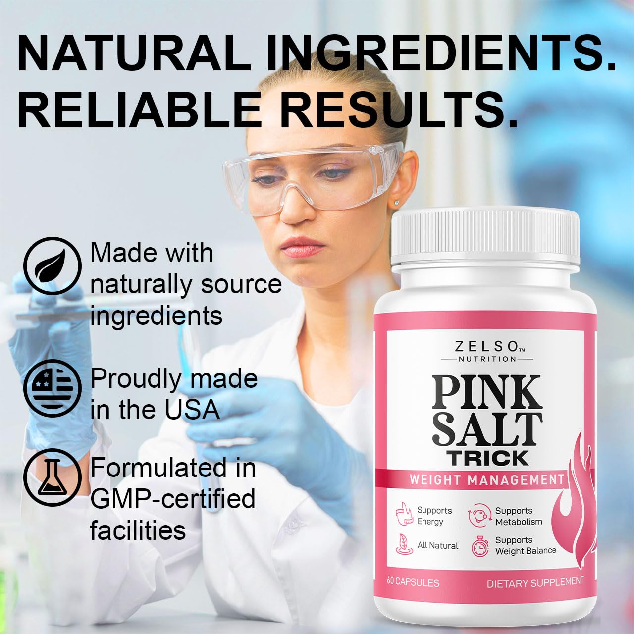 Zelso Pink Salt Trick capsules with water in a glass for daily energy
