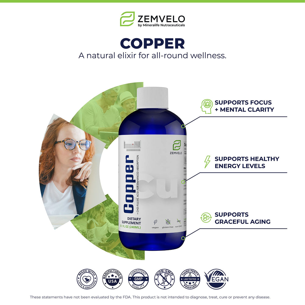 Zemvelo label highlighting natural copper source for daily mineral balance