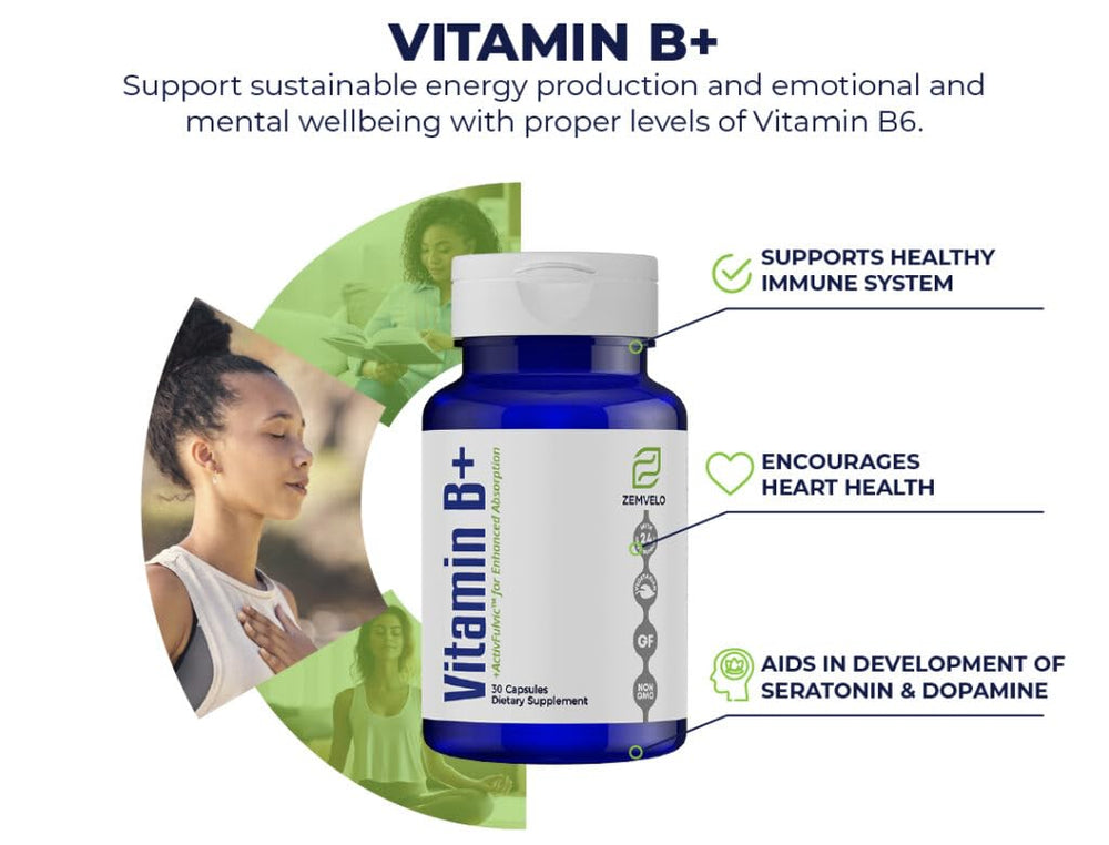 Zemvelo Vitamin B+ capsules ready for everyday use and mood support.