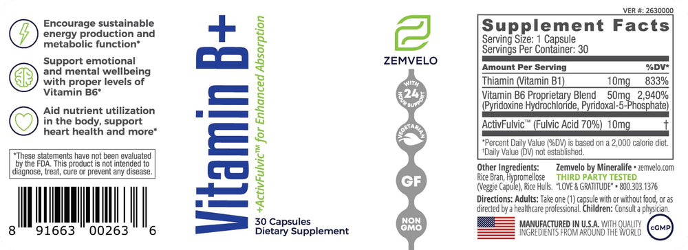 Zemvelo Vitamin B+ label close-up highlighting a supplement that supports energy pathways.